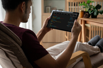 Software development programming on computer screen for modish application and program coding