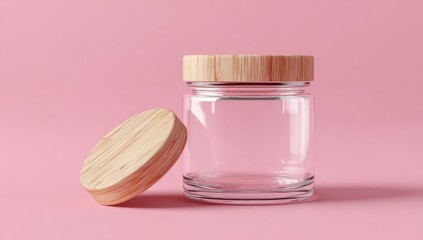 Empty glass jar with wooden lid on a pink background (1)