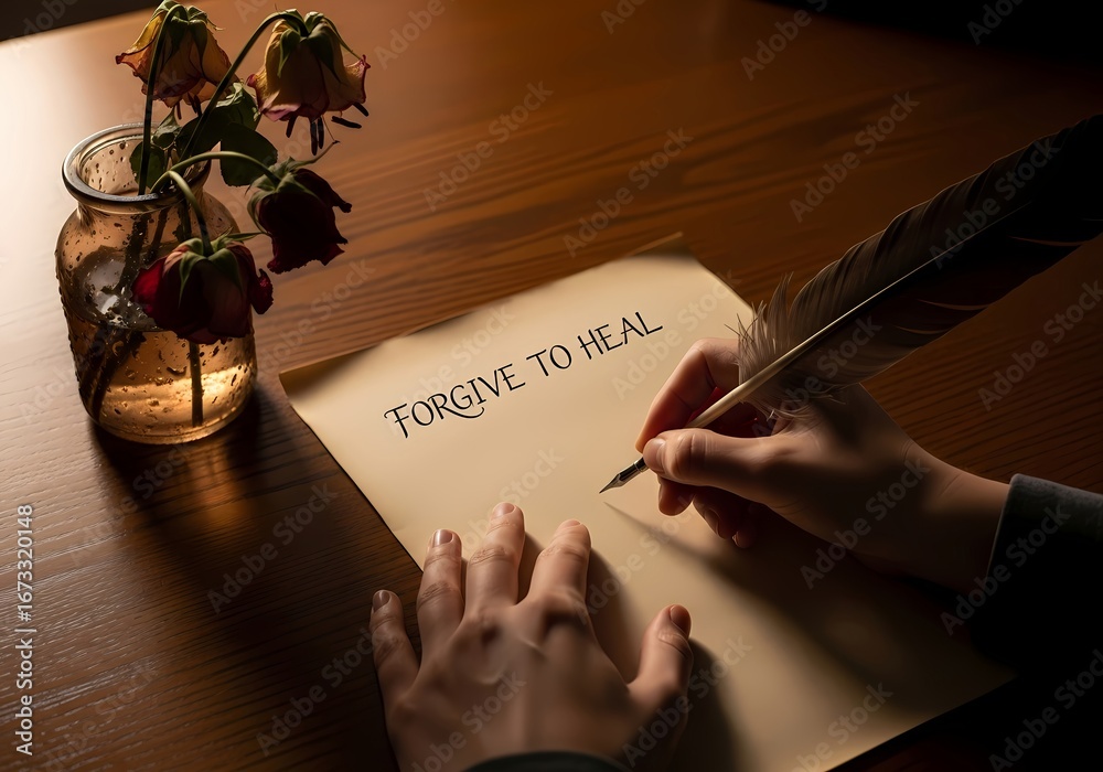 Forgiveness and healing concept with quill writing on parchment next to ...
