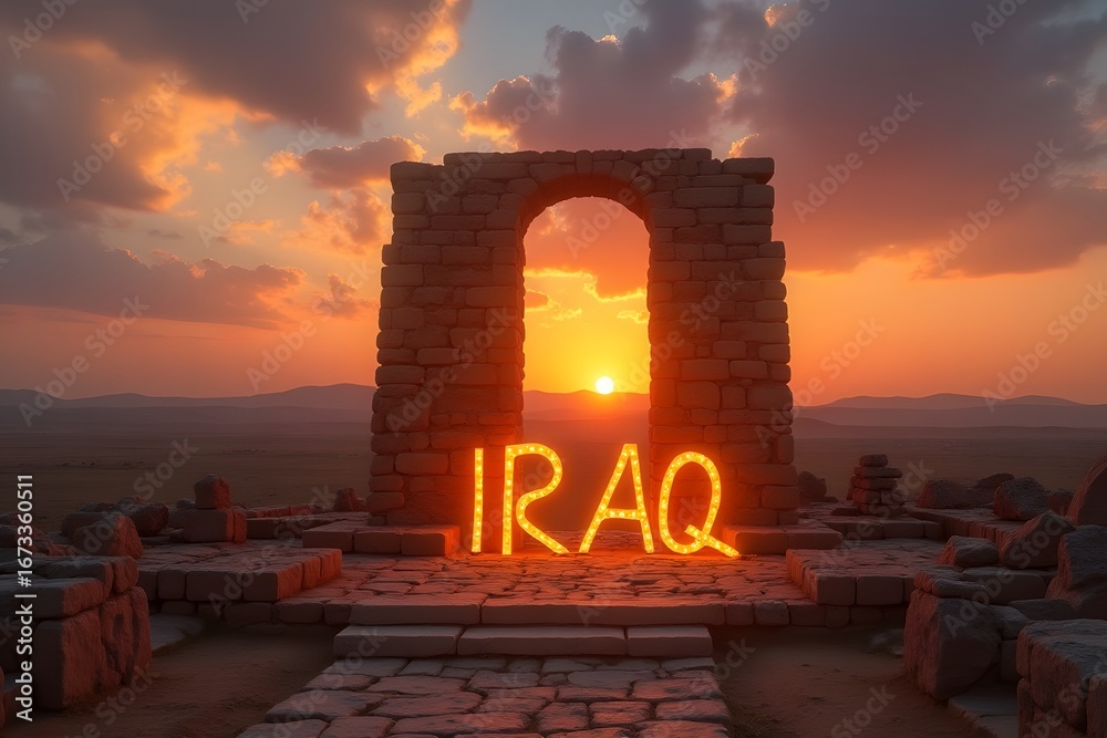 Welcome to Iraq – glowing historic sign by Ziggurat of Ur ruins under ...