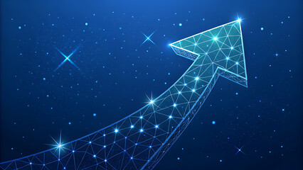 Wall Mural - Glowing Blue Wireframe Arrow Ascending Against Starry Digital Background growth success