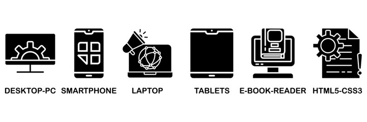 Responsive web design icon set vector illustration concept with icon of desktop-pc, smartphone, laptop, tablets, e-book-reader and html5-css3