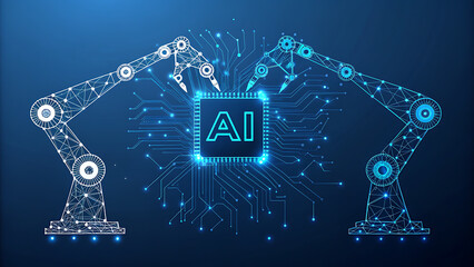 Wall Mural - AI Robot Arms Holding aCPU Chip with Digital Circuitry and Data Streams artificial intelligence