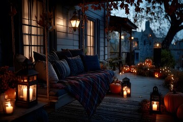 Wall Mural - Cozy Autumn Porch with Pumpkins and Lanterns for a Festive Fall Evening Atmosphere