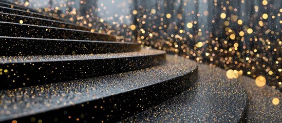 Circular black steps, covered in gold glitter, with bokeh lights