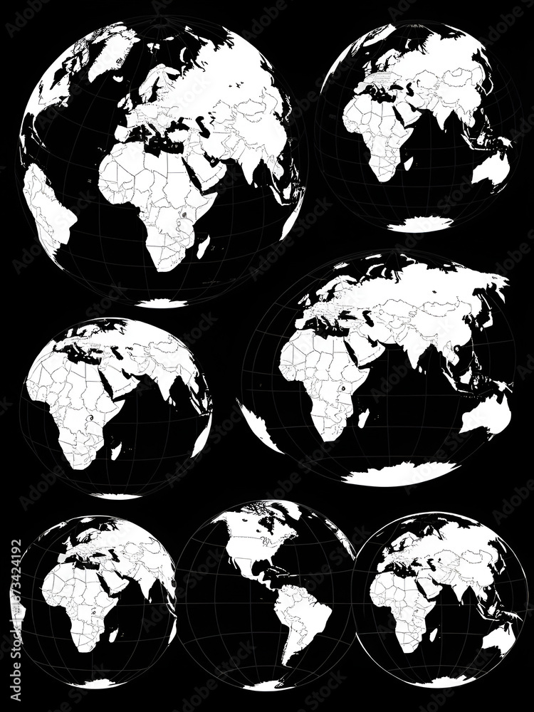 Set of Globe Illustration Vector of 5 Continents : Europe America ...