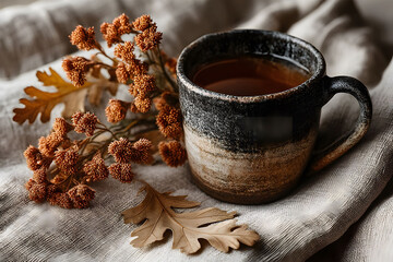 Wall Mural - Rustic Autumn Morning with Ceramic Mug and Autumn Foliage for Cozy Seasonal Decor