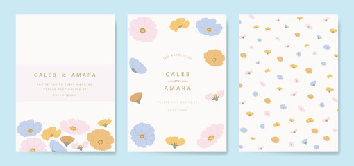Wall Mural - Wedding invitation card background vector. Minimal pastel hand drawn flower and flower pattern. Card template Design for wedding, vip cover template, rsvp modern card, poster.