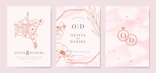 Wall Mural - Wedding invitation card background vector. Minimal hand drawn flower, bouquet and ring  line art. Card template Design for wedding, vip cover template, rsvp modern card, poster.
