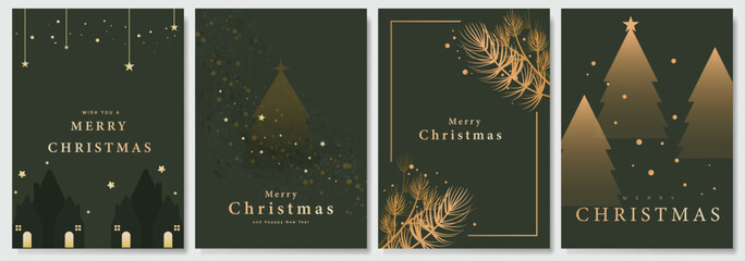 Wall Mural - Christmas and Happy Holidays invitation card design vector. Christmas tree, pine leaves, snowflake, house on green background. Winter Design for Season's Greeting, Christmas, cover.