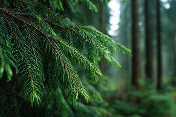 Spruce tree branches with green needles against blurred forest background in natural daylight