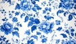 © Capster - Blue floral pattern on white background; repeating design of stylized blossoms and leaves