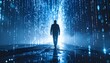 © Abdul Rosid - A silhouette of a man walking on a wet road, surrounded by a rain of glowing digital binary code. This image symbolizes the concept of artificial intelligence (AI), the digital world, and the interact