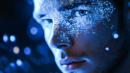 Programming, ai code and man with focus, hologram and digital software with cyber security, futuristic and website development. Male, coder or trader with data analysis and security at night 