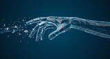 Digital hand made of glass and connected triangles breaking apart. Abstract futuristic concept of artificial intelligence.