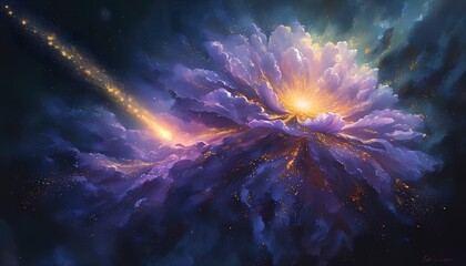 a vibrant cosmic nebula explodes with brilliant purple and gold light resembling a celestial flower 
