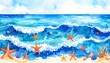 © Capster - Vibrant watercolor seascape; waves, starfish, and seashells on sandy shore