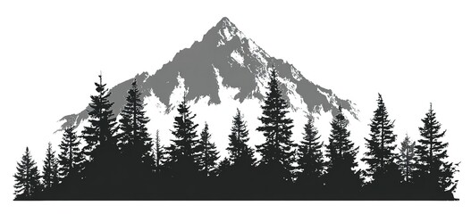 A mountain with trees, a simple vector graphic logo, in black on a white background, using simple shapes and lines
