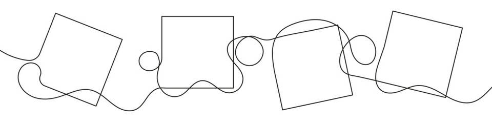 Abstract geometric pattern of squares and circles in one line art style. Drawing with editable stroke on white background. Vector illustration.