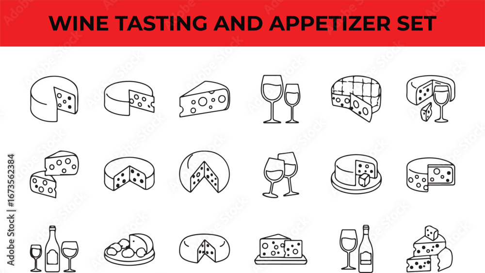 Wine tasting and appetizer set icons collection of cheese and wine ...