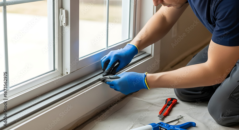 Window installer sealing a window with sealant and tools Stock Photo ...