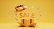 © Jonathan Gasley - Open gift box with shiny golden SALE text stars and confetti exploding into a bright yellow background discount promotion offer present celebration shopping