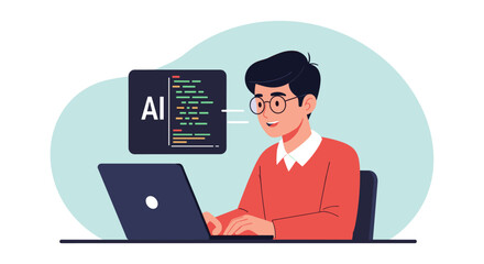 A focused young male programmer wearing glasses works diligently on his laptop, developing artificial intelligence solutions with code displayed on a screen above.