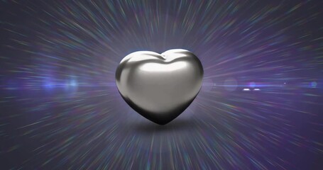 Wall Mural - Metallic heart appearing on purple gradient, rotating and emitting cosmic light rays in brand demo