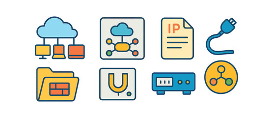 Wall Mural - Technology, network flat icon set. cloud, file, connection icons in flat style collection