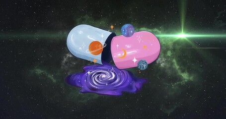 Wall Mural - Beam emerging on fifth second from right edge, illuminating pill capsule with planets, purple swirl