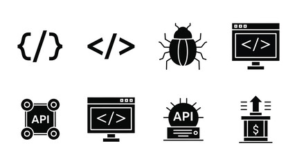 Set of filled icons representing api, coding, debugging, and software development concepts isolated on white background