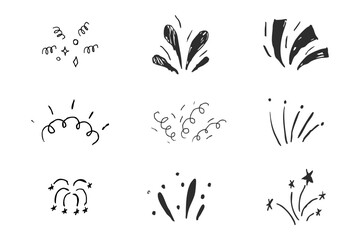 Wall Mural - Confetti spark firework burst comic explosion sketch hand drawn. Doodle line spark party celebration. Radial japan minimal set.