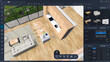 © Gorodenkoff - Screen Template of an Interior Design Computer Software. Designer Creating a Living Room and Kitchen Space Layout. Interface with Customizable Render Settings and a Furniture Library