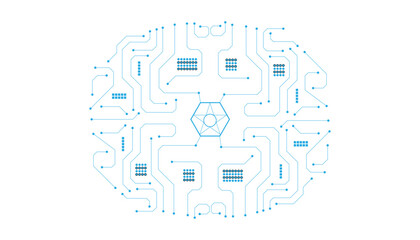 High tech circuit board with bright glowing lines and interconnected nodes, depicting advanced technology and digital innovation Tech Background