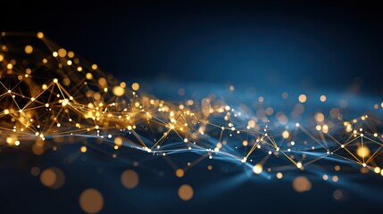 Golden global data flow network with glowing connection nodes on dark blue background, artificial intelligence technology innovation, abstract 3D rendering digital transformation and data exchange