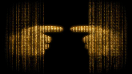 Two hands pointing each other made of binary code on black background