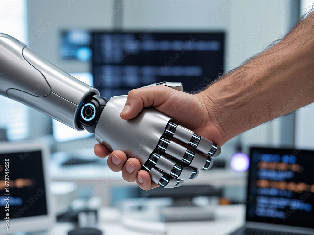 Closeup of handshake between a human and an AI robot. Shaking hands ...