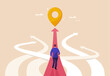 © nadzeya26 - Right Business Way Concept. Vector cartoon illustration of many roads leading in different directions, one path leading to a goal with a final golden mark along which a businessman goes.