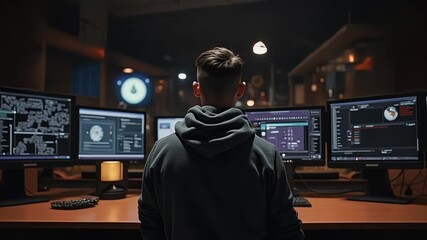 Man faces multiple computer screens displaying complex data in a dark room