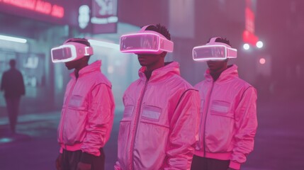Three men in futuristic, colorful VR jackets immersed in the metaverse.