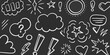 © Apurba - Collection of hand drawn white doodle elements on a dark background including speech bubbles stars hearts and lightning bolts