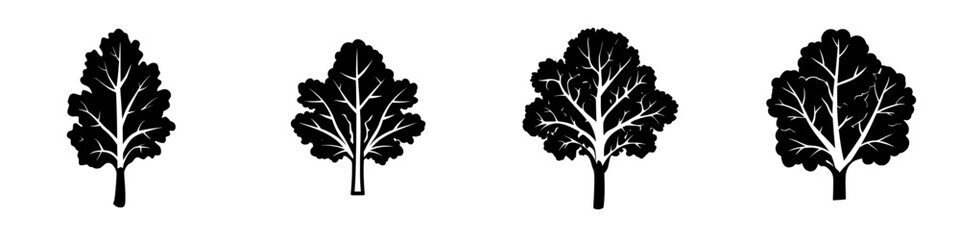 Wall Mural - Four minimalist black-and-white tree silhouettes representing different styles and shapes for design use