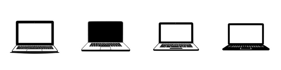 Wall Mural - Minimalist black-and-white vector illustration of four different laptop silhouettes in a simple design style