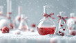 © Nina - Colorful chemical laboratory flasks with red liquid and festive Christmas decorations create a magical winter atmosphere. Chemical plant. Christmas and New Year greetings. With copy space