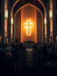 © Bob - Congregation in Church with People Sitting in Pews Facing Illuminated Cross :
