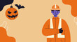 © Adobe Contributor - A worker in a safety vest and hard hat stands beside a hanging Halloween pumpkin and a flying bat. Combines workplace safety with festive holiday spirit. Suitable for seasonal industry themes.