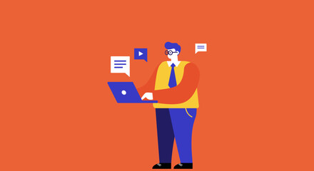 Stylized man working on a laptop with communication bubbles. Represents online business, digital learning, and social media interaction.