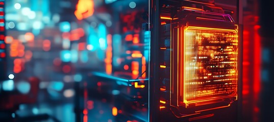 futuristic server room visuals with glowing neon lights for data processing and cyber security tech 