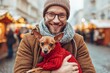 © AI Images - Happy man wearing glasses and warm hat embracing small dog in red sweater outdoors.
