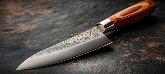 Chef knife professional japanese kitchen knife with wooden handle on dark background sharp blade cutlery tool steel